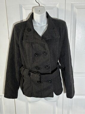 Strawberry Gray Herringbone Belted Peacoat Jacket Medium